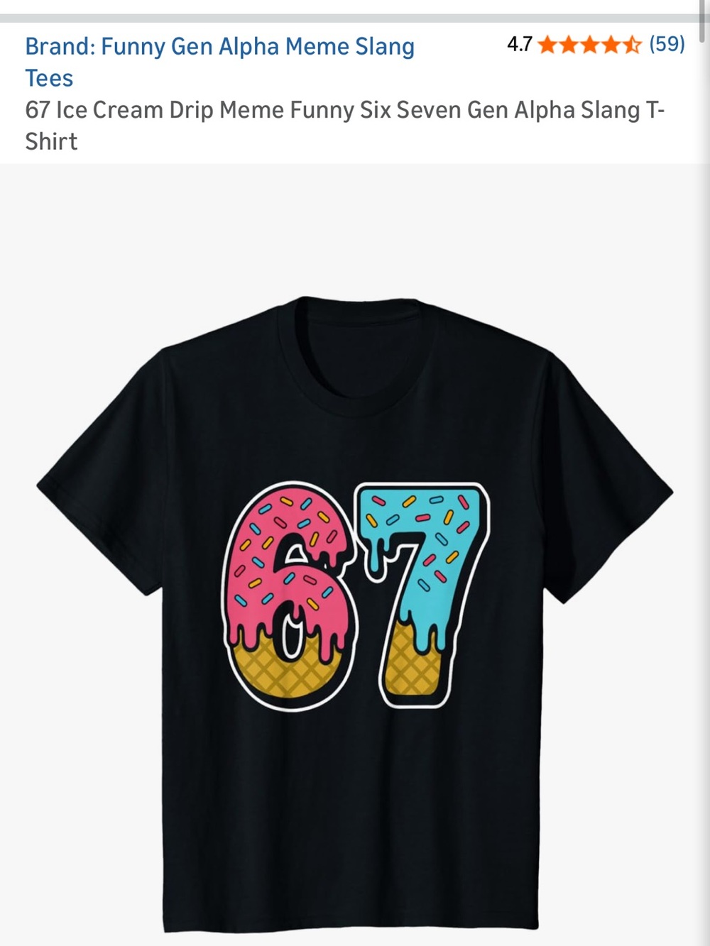 Amazon Kids Black T-Shirt with Pink and Light Blue Ice Cream '67' Graphic